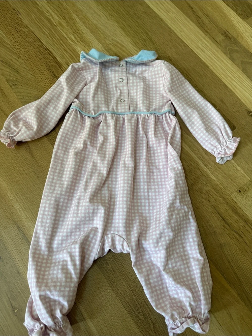 Pink Gingham Footed One-Piece with Light Blue Collar